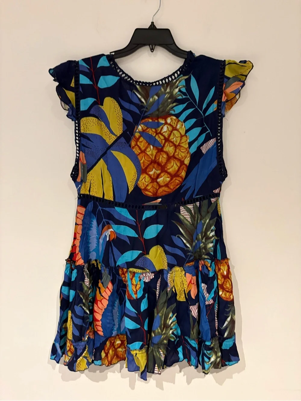 Z&L EUROPE Lace Trimmed Tropical Print Tiered Mini Coverup Dress